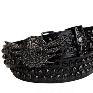 Black Strap With Black Studded Rhinestone Belt and Black Wings Shaped Black Buck